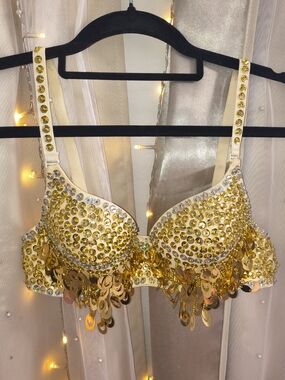 Forplay Gold Rhinestone Sequin Fringe Rave Bra Top Size 34B